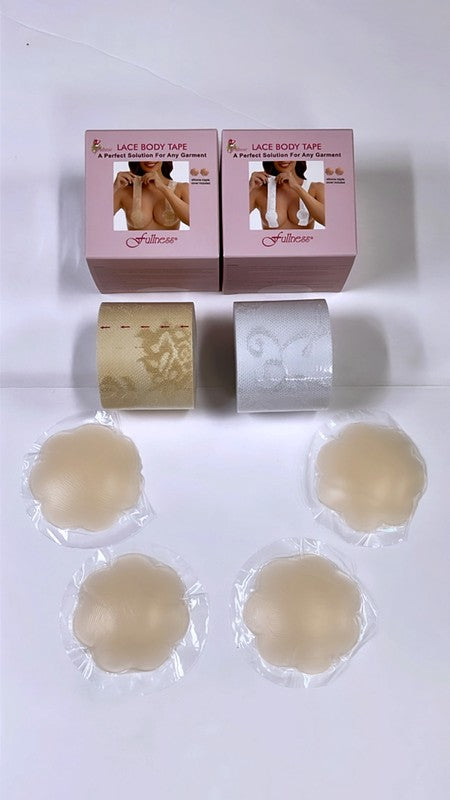 Two boxes of Body Tape lace with silicone nipples, featuring one roll each of beige and white lace tape, along with four adhesive nipple covers, are neatly arranged on a white surface. This versatile garment solution is ideal for any occasion. Made in China.