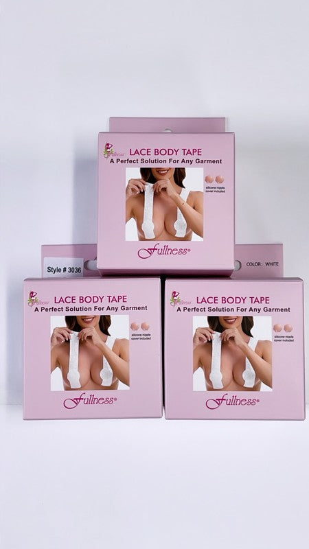 Two boxes of Body Tape lace with silicone nipples, featuring one roll each of beige and white lace tape, along with four adhesive nipple covers, are neatly arranged on a white surface. This versatile garment solution is ideal for any occasion. Made in China.