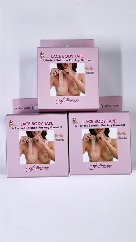 Two boxes of Body Tape lace with silicone nipples, featuring one roll each of beige and white lace tape, along with four adhesive nipple covers, are neatly arranged on a white surface. This versatile garment solution is ideal for any occasion. Made in China.