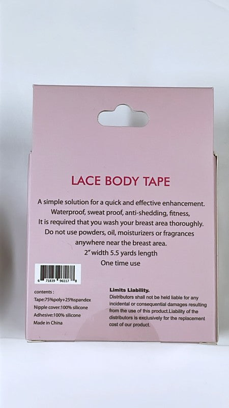 Two boxes of Body Tape lace with silicone nipples, featuring one roll each of beige and white lace tape, along with four adhesive nipple covers, are neatly arranged on a white surface. This versatile garment solution is ideal for any occasion. Made in China.