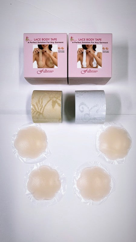 Two boxes of Body Tape lace with silicone nipples, featuring one roll each of beige and white lace tape, along with four adhesive nipple covers, are neatly arranged on a white surface. This versatile garment solution is ideal for any occasion. Made in China.