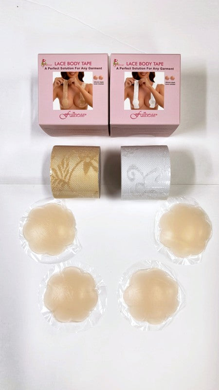 Two boxes of Body Tape lace with silicone nipples, featuring one roll each of beige and white lace tape, along with four adhesive nipple covers, are neatly arranged on a white surface. This versatile garment solution is ideal for any occasion. Made in China.