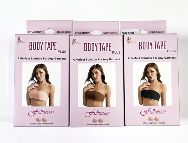 Boxed sets of plus size body tape in nude, brown, and black, alongside adhesive silicone nipple covers for the perfect solution.