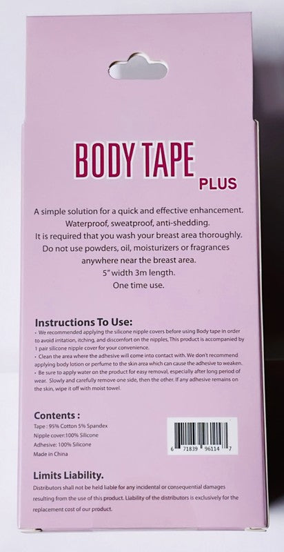 Boxed sets of plus size body tape in nude, brown, and black, alongside adhesive silicone nipple covers for the perfect solution.