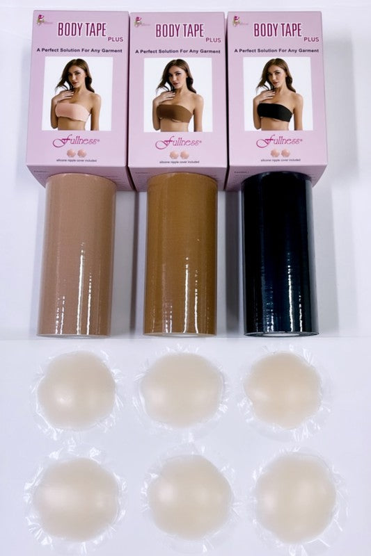 Boxed sets of plus size body tape in nude, brown, and black, alongside adhesive silicone nipple covers for the perfect solution.