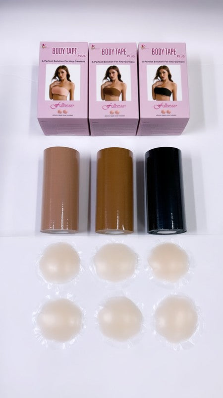 Boxed sets of plus size body tape in nude, brown, and black, alongside adhesive silicone nipple covers for the perfect solution.