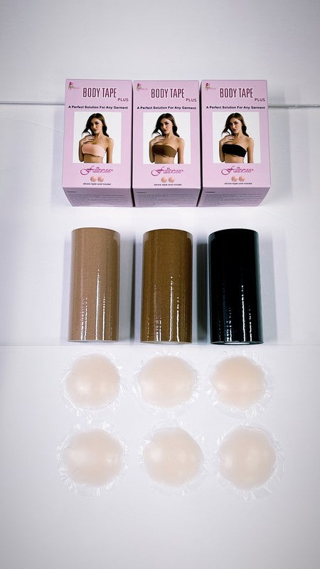 Boxed sets of plus size body tape in nude, brown, and black, alongside adhesive silicone nipple covers for the perfect solution.