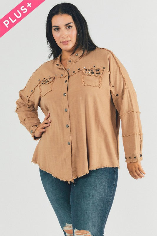 A person with dark hair wearing a Plus Distressed Hem Button Down Oversize Shirt and jeans stands against a light background, embodying casual comfort.