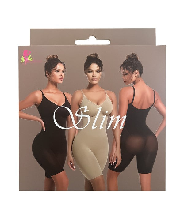 Packaging for the Seamless Sculpt Mid Thigh Bodysuit 9266 featuring three women wearing the bodysuits in black and beige. The text "Slim" is prominently displayed, emphasizing the seamless construction and powerful compression of the product.