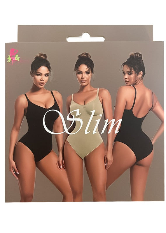 Product packaging displays three models in varying poses wearing black and beige Seamless Sculpt Brief Bodysuits 9265 with the word "Slim" written across the front.