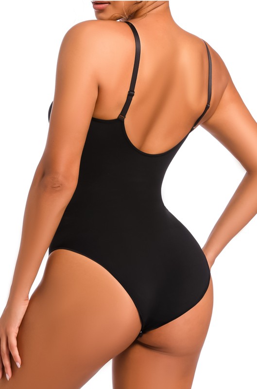 Product packaging displays three models in varying poses wearing black and beige Seamless Sculpt Brief Bodysuits 9265 with the word "Slim" written across the front.