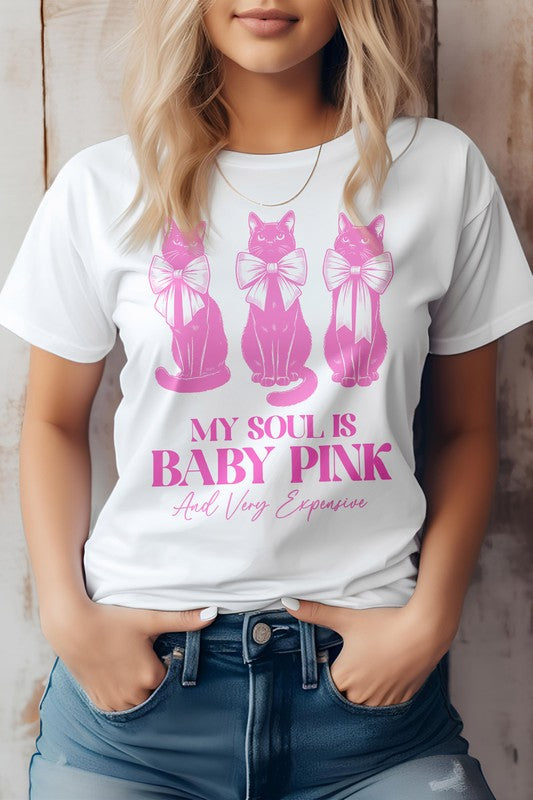 A person wearing a light pink Vintage Coquette Cat Graphic Tee featuring three pink cats with bows and the text, "MY SOUL IS BABY PINK And Very Expensive.