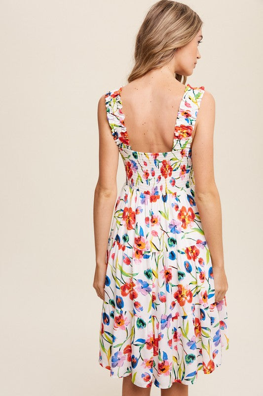 A woman can be seen twirling in the Flower Print Square Neck Dress, which features ruffle shoulder straps, while maintaining a neutral expression against a plain background.