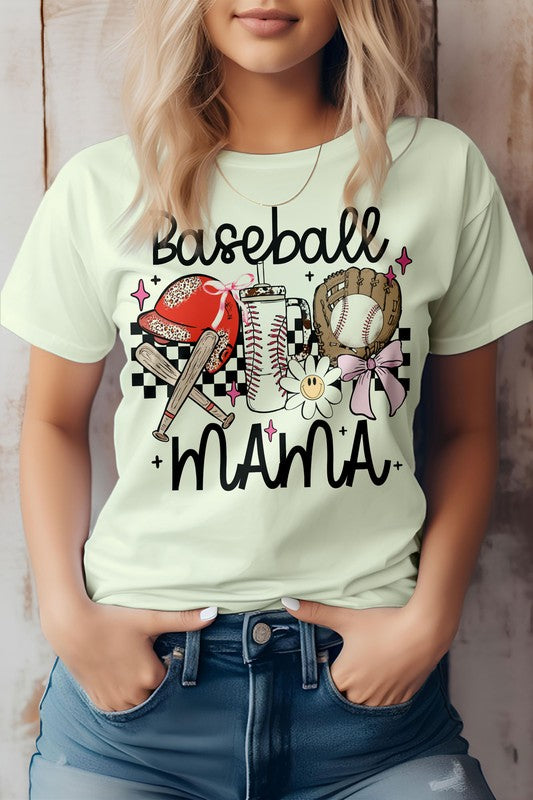 A woman wearing the Baseball Mama Graphic Tee, a white t-shirt made from eco-friendly materials featuring "Baseball Mama" and baseball-themed graphics. This tee offers a comfortable, unisex fit perfect for any fan.