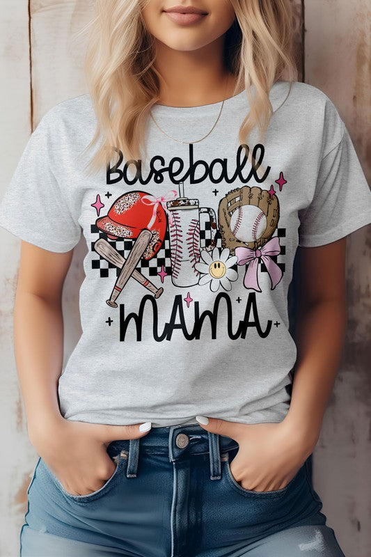 A woman wearing the Baseball Mama Graphic Tee, a white t-shirt made from eco-friendly materials featuring "Baseball Mama" and baseball-themed graphics. This tee offers a comfortable, unisex fit perfect for any fan.