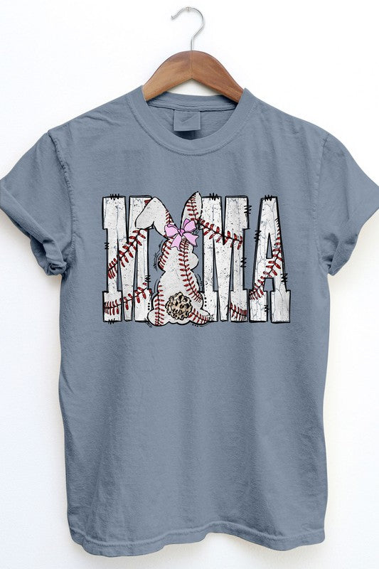 Dark gray Mama Baseball Game Day Garment Dye Tee on a hanger, printed with the word "MAMA" and embellished with leopard-print and bows design, featuring a vintage wash perfect for game day.