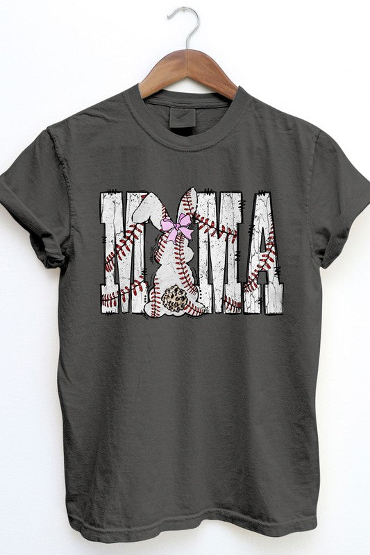 Dark gray Mama Baseball Game Day Garment Dye Tee on a hanger, printed with the word "MAMA" and embellished with leopard-print and bows design, featuring a vintage wash perfect for game day.