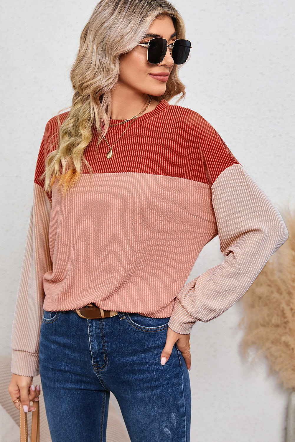 Wholesale Black Color Block Corduroy Long Sleeve Tops.