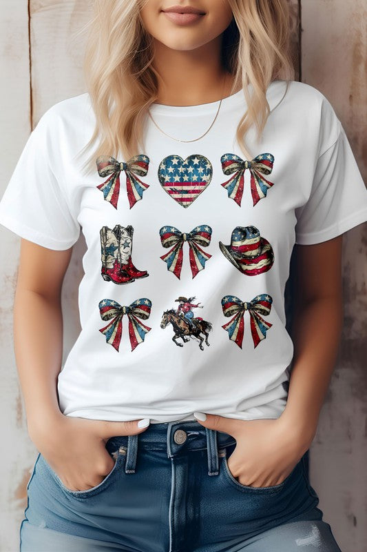 An individual is donning the Cowgirl 4th of July Coquette Western Graphic Tee, a white shirt decorated with patriotic-themed graphics that make it ideal for celebrating the 4th of July. The design showcases hearts, bows, a horse rider, boots, and a hat.