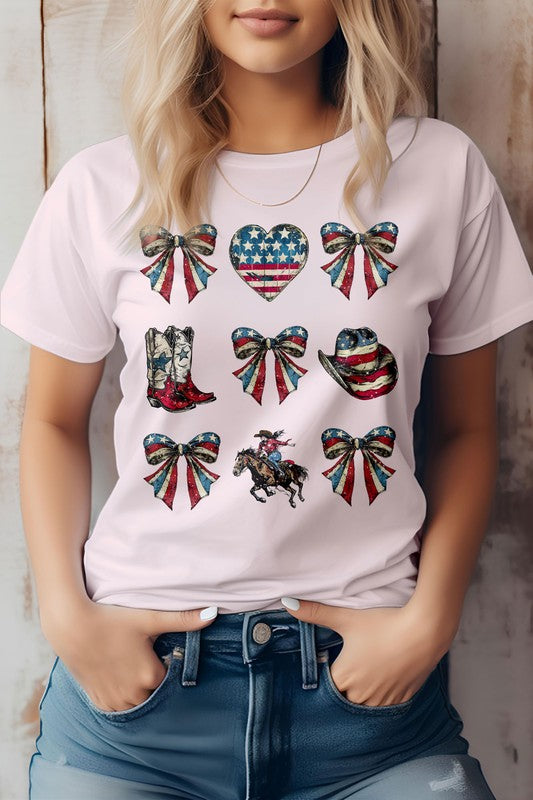 An individual is donning the Cowgirl 4th of July Coquette Western Graphic Tee, a white shirt decorated with patriotic-themed graphics that make it ideal for celebrating the 4th of July. The design showcases hearts, bows, a horse rider, boots, and a hat.