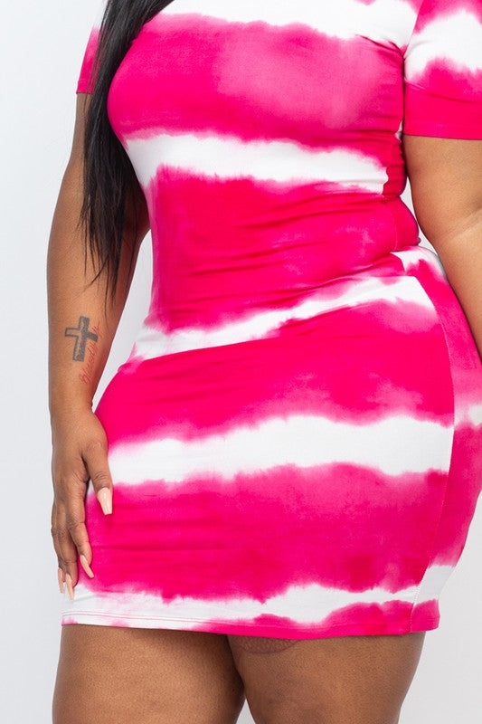 Person wearing a PLUS Size Stripe Tie-Dye Printed Midi Dress, standing against a plain white background.