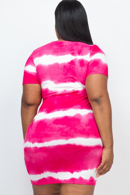 Person wearing a PLUS Size Stripe Tie-Dye Printed Midi Dress, standing against a plain white background.