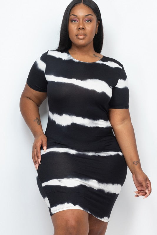 Person wearing a PLUS Size Stripe Tie-Dye Printed Midi Dress, standing against a plain white background.