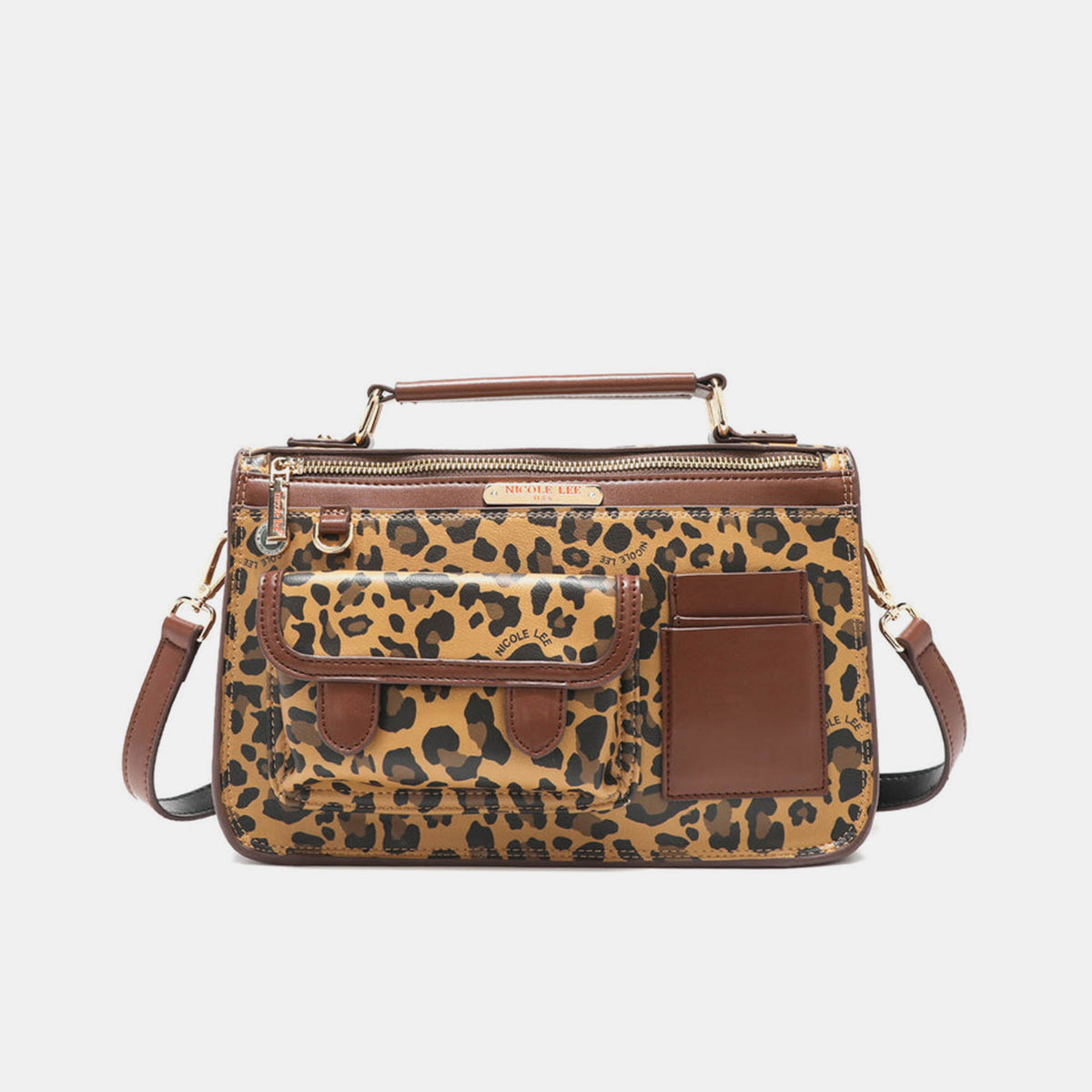 The Nicole Lee USA Leopard Top Handle Handbag is a stylish accessory with chic leopard print and brown vegan leather accents. It boasts two outer pockets, a gold-tone zip closure, and includes a versatile crossbody strap for convenient carrying.