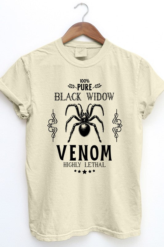 The "Pure Black Widow, Halloween Garment Dye Tee" in gray serves as an essential piece for that streetwear vibe, showcasing a black spider graphic along with the text: "100% Pure Black Widow Venom Highly Lethal." Its vintage design is further accented by musical notes and stars, perfect for an edgy Halloween shirt look.