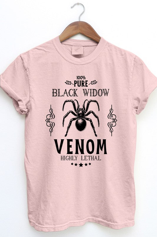 The "Pure Black Widow, Halloween Garment Dye Tee" in gray serves as an essential piece for that streetwear vibe, showcasing a black spider graphic along with the text: "100% Pure Black Widow Venom Highly Lethal." Its vintage design is further accented by musical notes and stars, perfect for an edgy Halloween shirt look.