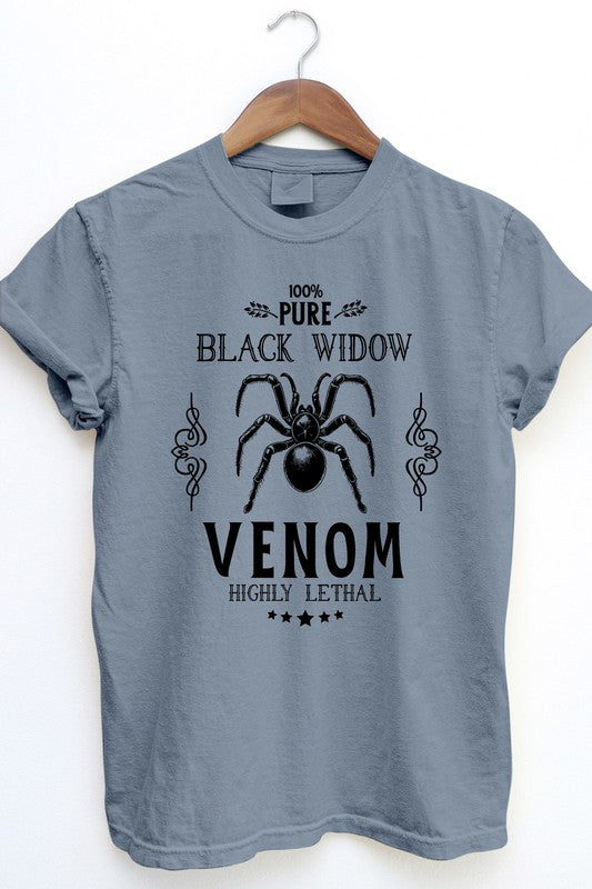 The "Pure Black Widow, Halloween Garment Dye Tee" in gray serves as an essential piece for that streetwear vibe, showcasing a black spider graphic along with the text: "100% Pure Black Widow Venom Highly Lethal." Its vintage design is further accented by musical notes and stars, perfect for an edgy Halloween shirt look.