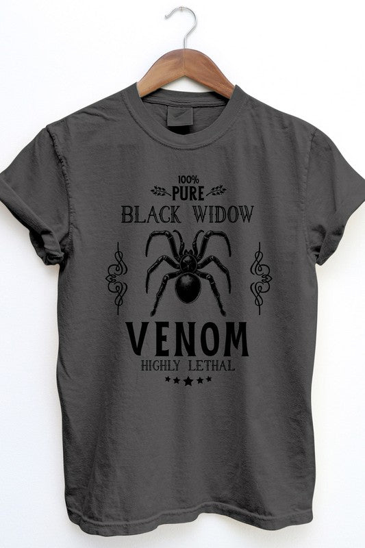 The "Pure Black Widow, Halloween Garment Dye Tee" in gray serves as an essential piece for that streetwear vibe, showcasing a black spider graphic along with the text: "100% Pure Black Widow Venom Highly Lethal." Its vintage design is further accented by musical notes and stars, perfect for an edgy Halloween shirt look.