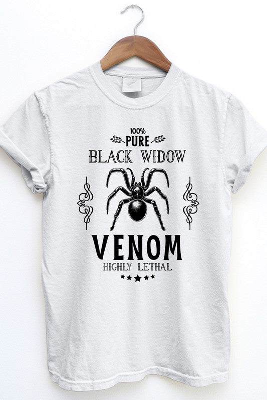 The "Pure Black Widow, Halloween Garment Dye Tee" in gray serves as an essential piece for that streetwear vibe, showcasing a black spider graphic along with the text: "100% Pure Black Widow Venom Highly Lethal." Its vintage design is further accented by musical notes and stars, perfect for an edgy Halloween shirt look.