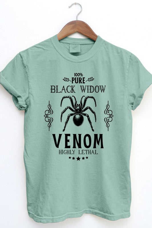 The "Pure Black Widow, Halloween Garment Dye Tee" in gray serves as an essential piece for that streetwear vibe, showcasing a black spider graphic along with the text: "100% Pure Black Widow Venom Highly Lethal." Its vintage design is further accented by musical notes and stars, perfect for an edgy Halloween shirt look.