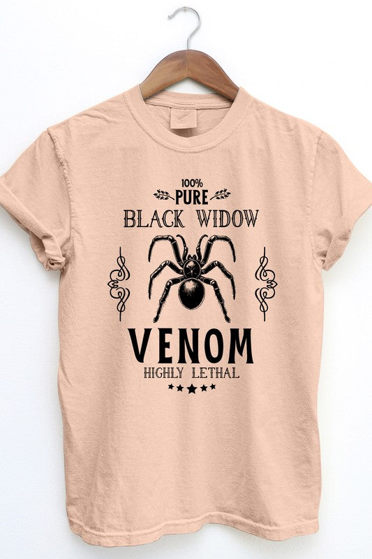 The "Pure Black Widow, Halloween Garment Dye Tee" in gray serves as an essential piece for that streetwear vibe, showcasing a black spider graphic along with the text: "100% Pure Black Widow Venom Highly Lethal." Its vintage design is further accented by musical notes and stars, perfect for an edgy Halloween shirt look.