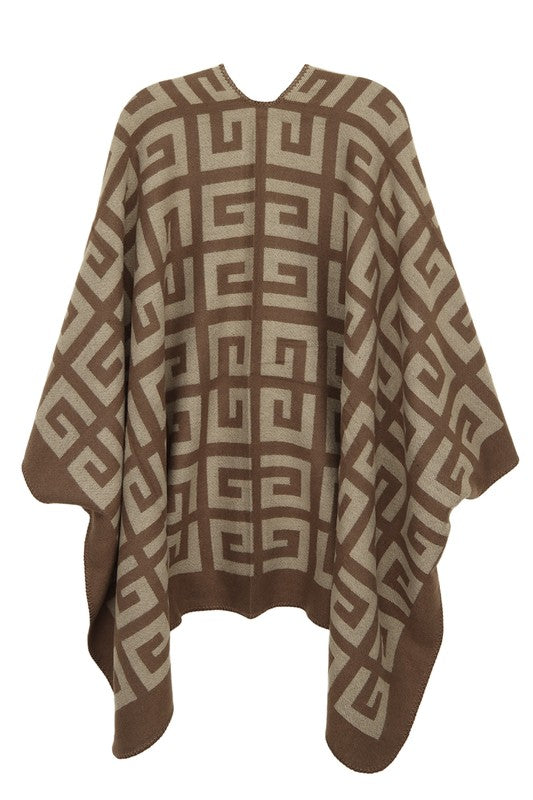 Brown and beige Greek Pattern Poncho showcasing a geometric key design. Perfect for any occasion, this versatile piece drapes elegantly over the bust, waist, and hips.