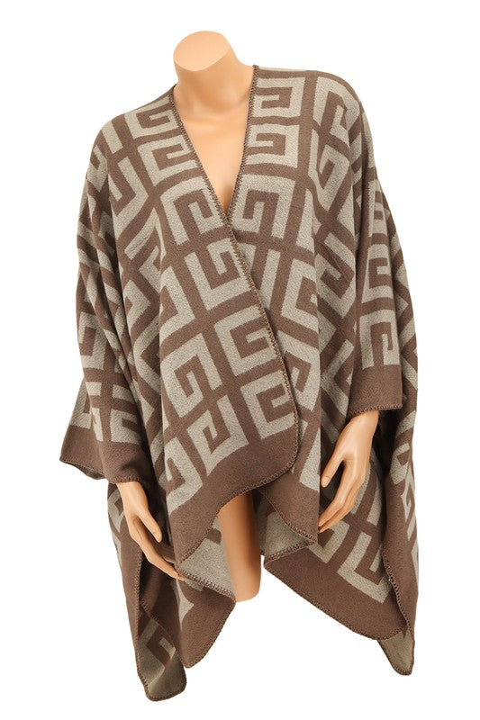 Brown and beige Greek Pattern Poncho showcasing a geometric key design. Perfect for any occasion, this versatile piece drapes elegantly over the bust, waist, and hips.