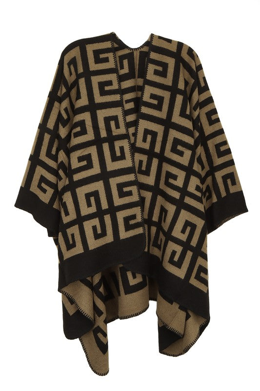 Brown and beige Greek Pattern Poncho showcasing a geometric key design. Perfect for any occasion, this versatile piece drapes elegantly over the bust, waist, and hips.