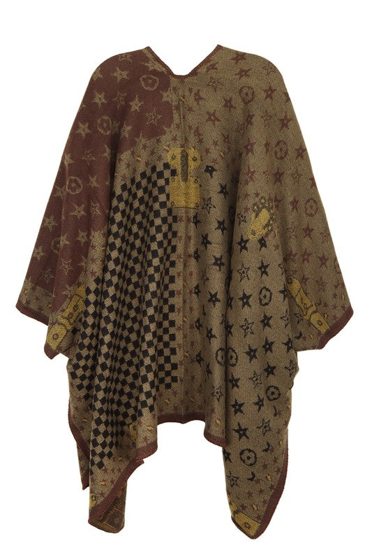 The Geometric Pattern Poncho features a brown color with an eclectic mix of designs, including checks, stars, and abstract shapes, all beautifully draped on a plain background.