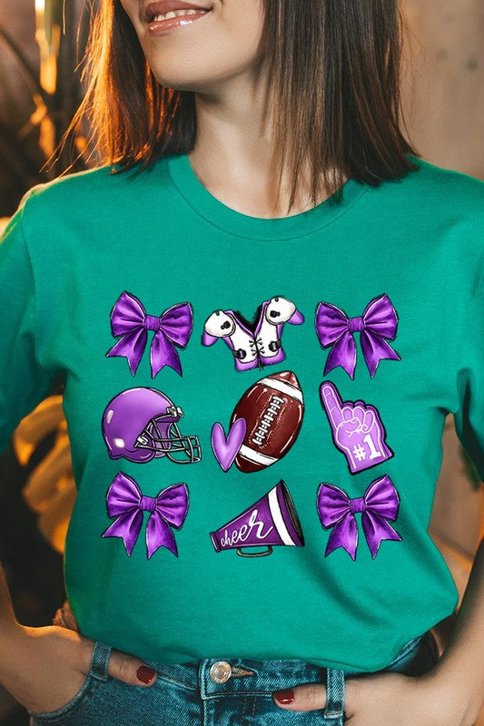 Someone wearing a Purple Coquette Football Graphic Tee, a unisex crew neck pink t-shirt decorated with sports-themed illustrations like a football, helmet, megaphone, foam finger, and cheerleading accessories in purple and white.