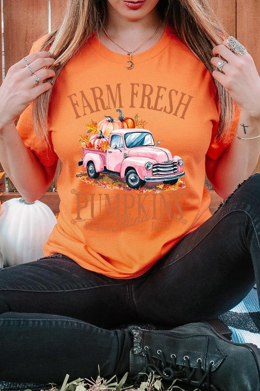 A person with blonde hair is wearing a black "Farm Fresh Pumpkins Truck Graphic Tee" that features a pink truck with pumpkins. They are holding a pumpkin and sitting indoors.