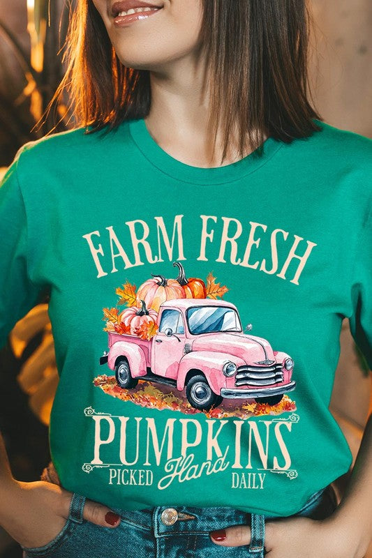 A person with blonde hair is wearing a black "Farm Fresh Pumpkins Truck Graphic Tee" that features a pink truck with pumpkins. They are holding a pumpkin and sitting indoors.