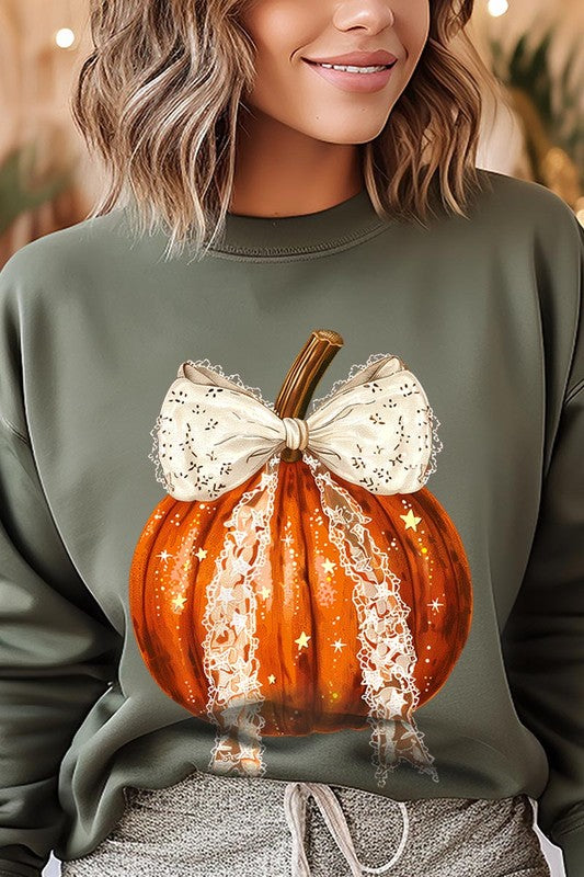 A person wearing the Coquette bow Halloween Pumpkin Fleece Sweatshirt, which features a black unisex crew neck design with a printed Halloween pumpkin graphic adorned with a large, lacy white bow.