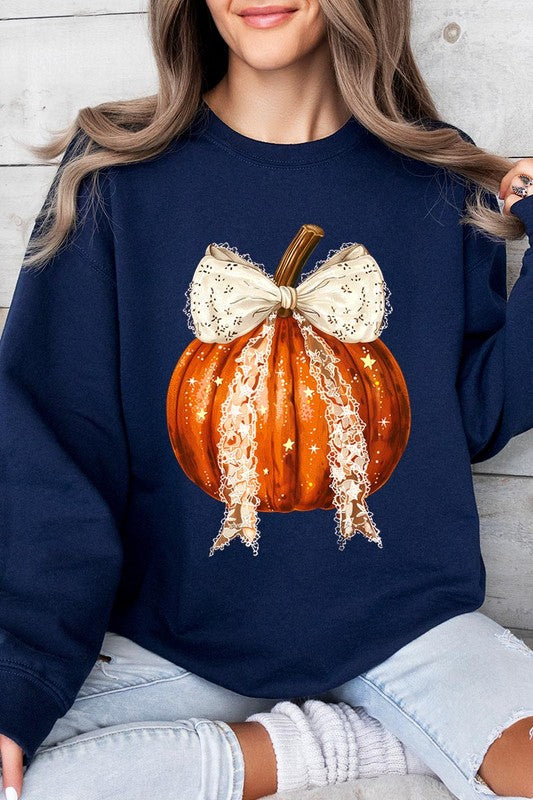 A person wearing the Coquette bow Halloween Pumpkin Fleece Sweatshirt, which features a black unisex crew neck design with a printed Halloween pumpkin graphic adorned with a large, lacy white bow.