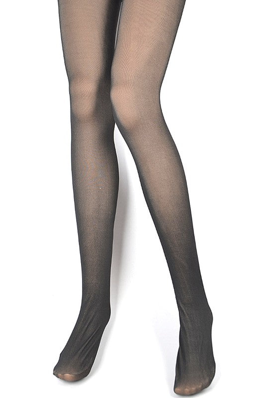 A pair of crossed legs wearing the Fleece Lined Winter Tights, which are black and semi-transparent, made from high-quality polyester, against a white background.