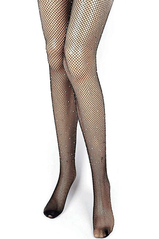 Close-up of a person wearing the Rhinestone Accent Fishnet Stocking, standing against a plain white background.