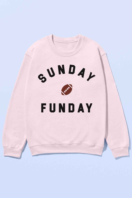 A person wearing the SUNDAY FUN DAY FOOTBALL OVERSIZED SWEATSHIRT, made of premium cotton and featuring the text "Sunday Funday" along with an image of a football on the front, perfect for a football game.