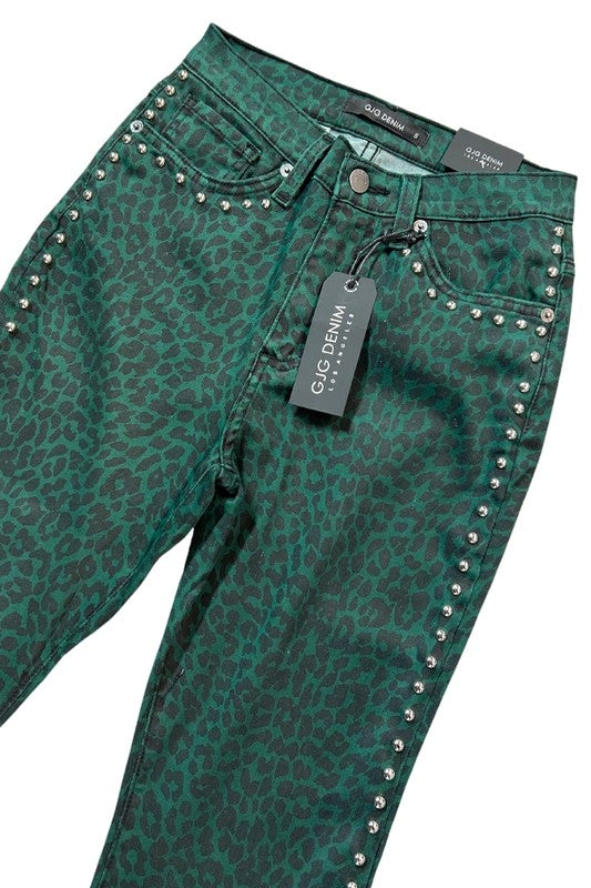 Leopard Studded Bell Bottom Jean in green with silver studs along the seams, made from stretch denim, featuring a "G.G.Denim" tag.