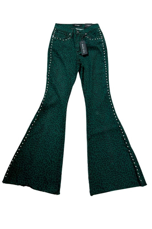 Leopard Studded Bell Bottom Jean in green with silver studs along the seams, made from stretch denim, featuring a "G.G.Denim" tag.