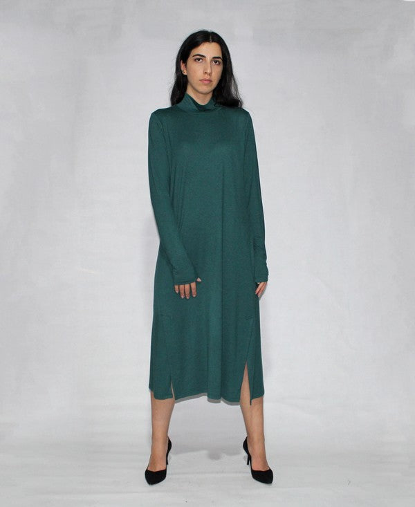 A woman in a Turtle neck dress long sleeve with side slits, teal and knee-length made from viscose, stands against a plain background, posing with one hand on her hip and wearing black heels.